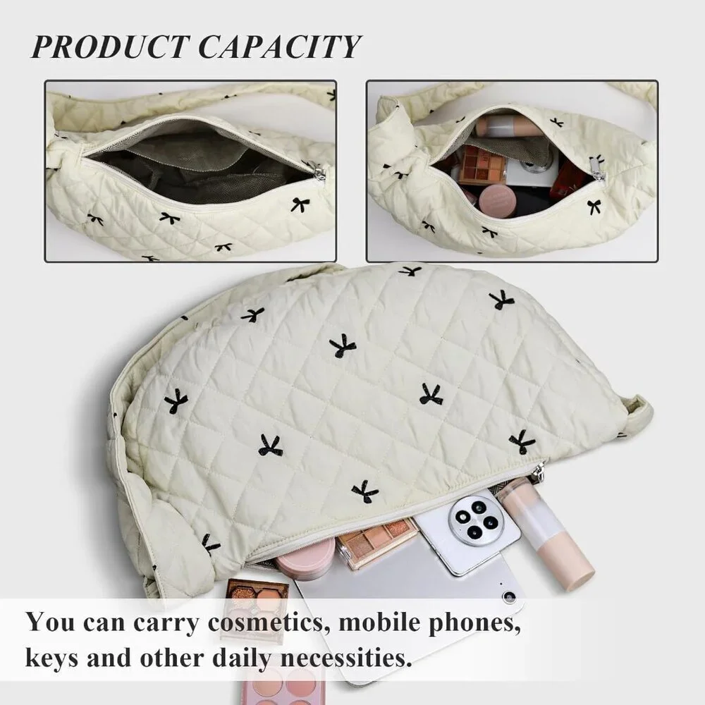 Bow Embroidered Cotton Tote Bag Large Capacity Lightweight Crossbody